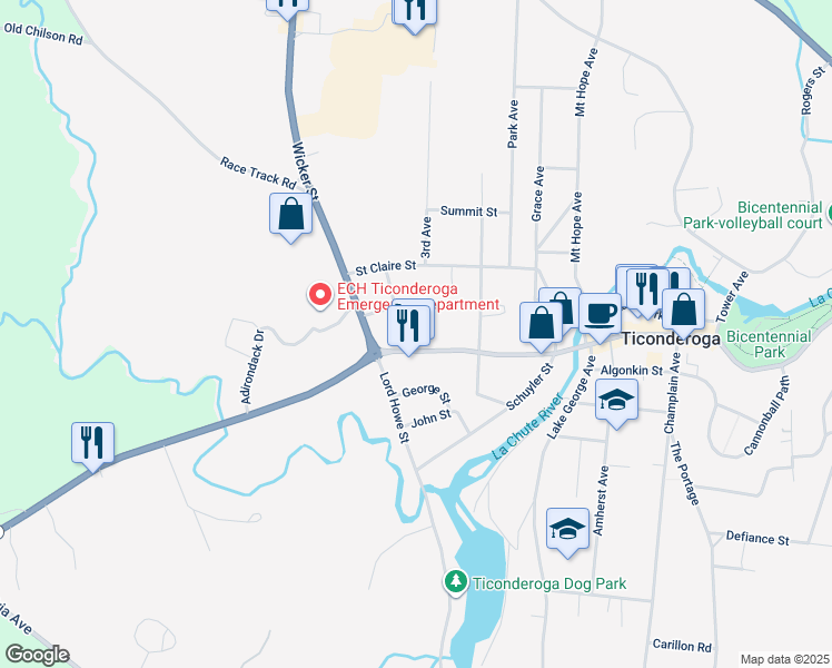 map of restaurants, bars, coffee shops, grocery stores, and more near 6 Moses Circle in Ticonderoga