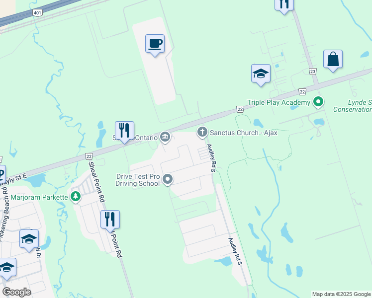 map of restaurants, bars, coffee shops, grocery stores, and more near 47 Whitefoot Crescent in Ajax