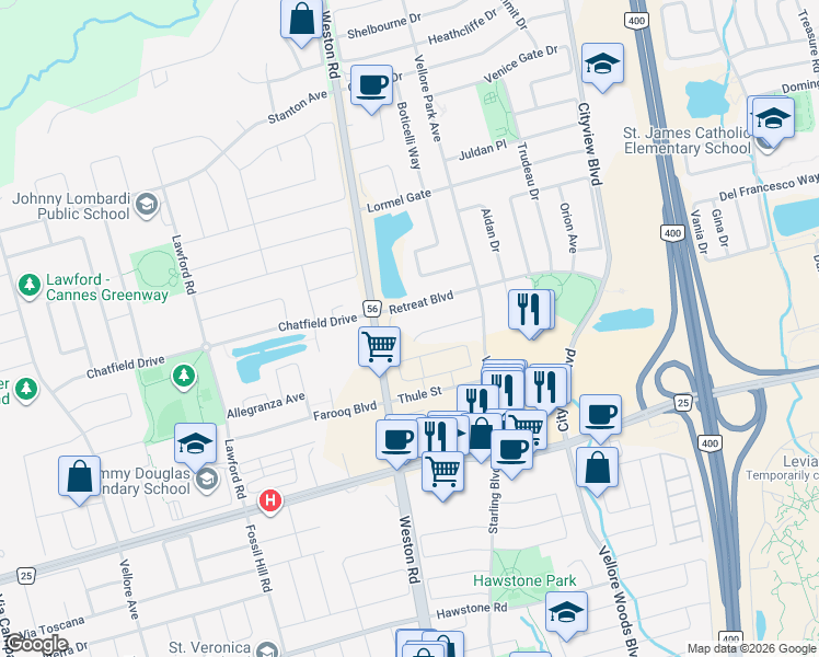 map of restaurants, bars, coffee shops, grocery stores, and more near 68 Zachary Place in Vaughan