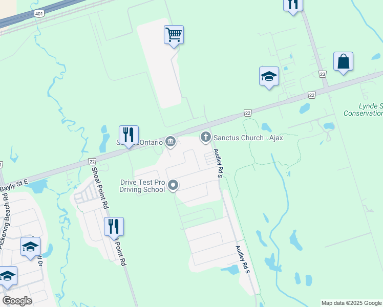 map of restaurants, bars, coffee shops, grocery stores, and more near 47 Whitefoot Crescent in Ajax