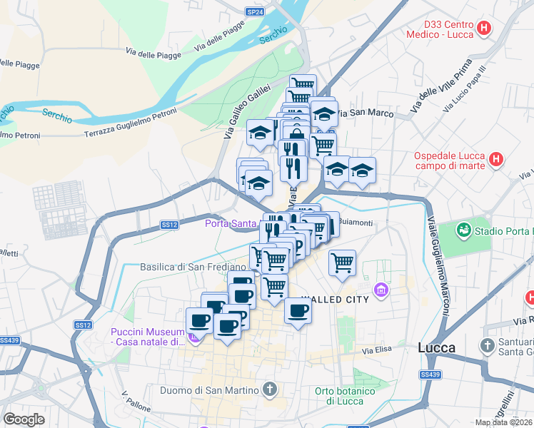 map of restaurants, bars, coffee shops, grocery stores, and more near in Lucca