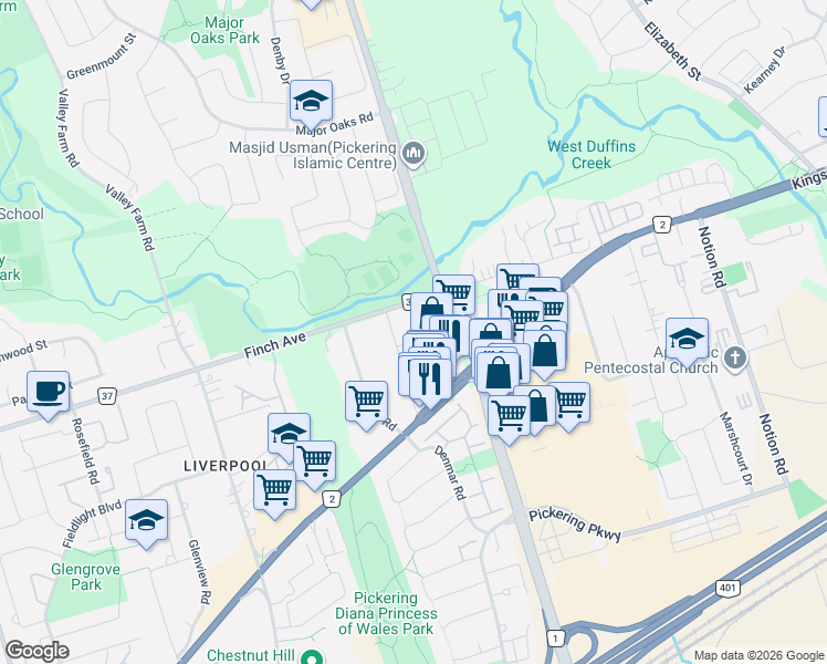 map of restaurants, bars, coffee shops, grocery stores, and more near 1995 Royal Road in Pickering