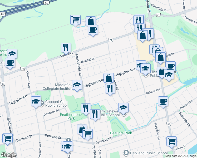 map of restaurants, bars, coffee shops, grocery stores, and more near 562 Highglen Avenue in Markham