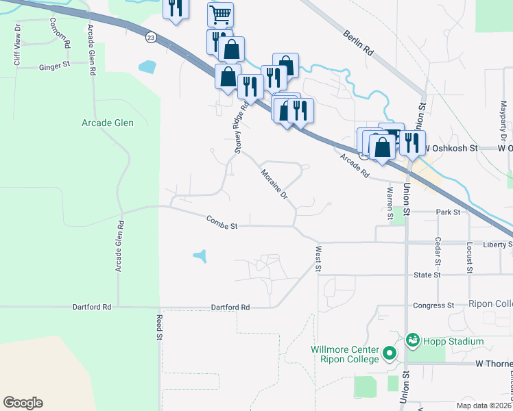 map of restaurants, bars, coffee shops, grocery stores, and more near 266 Moraine Drive in Ripon