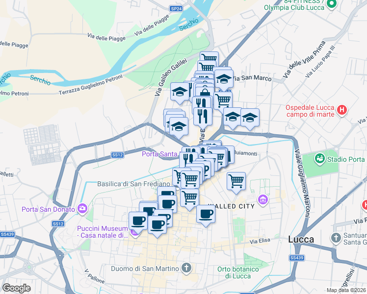 map of restaurants, bars, coffee shops, grocery stores, and more near in Lucca