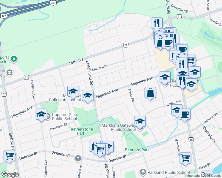 map of restaurants, bars, coffee shops, grocery stores, and more near 562 Highglen Avenue in Markham