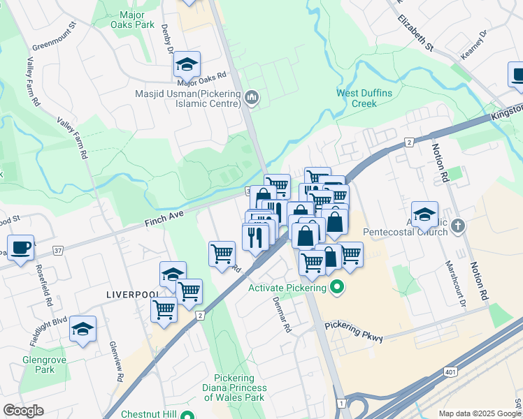 map of restaurants, bars, coffee shops, grocery stores, and more near 1701 Finch Avenue in Pickering