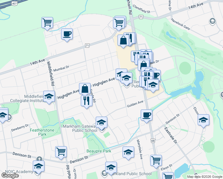 map of restaurants, bars, coffee shops, grocery stores, and more near in Markham