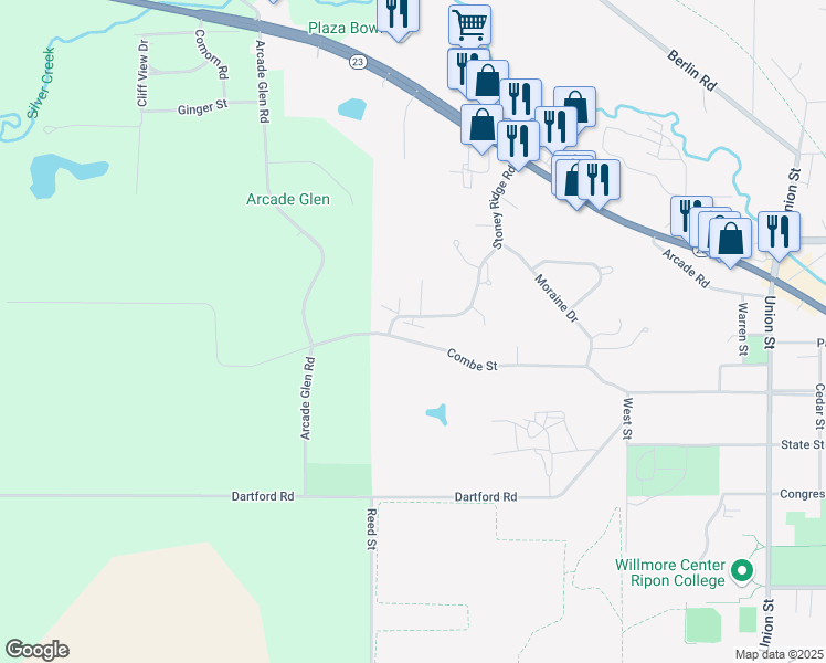 map of restaurants, bars, coffee shops, grocery stores, and more near 356 Stoney Ridge Road in Ripon
