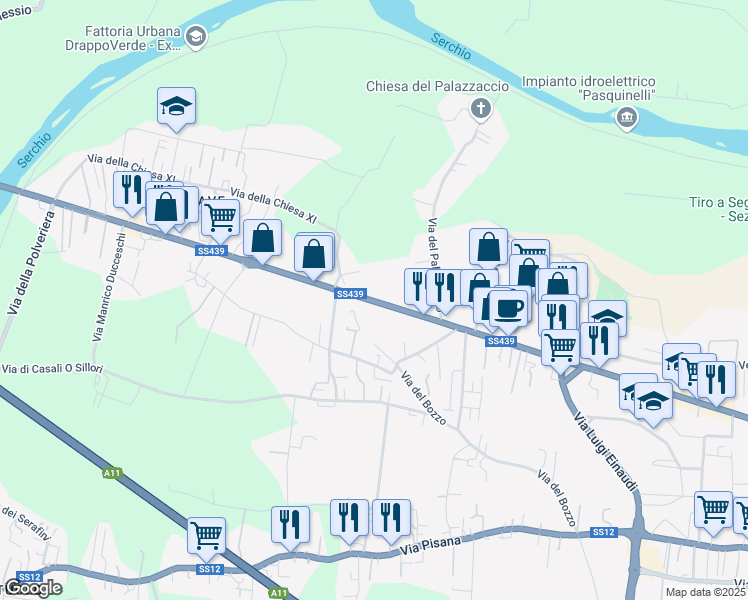 map of restaurants, bars, coffee shops, grocery stores, and more near 234 Via Sarzanese in Lucca