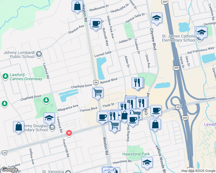 map of restaurants, bars, coffee shops, grocery stores, and more near 60 Zachary Place in Vaughan