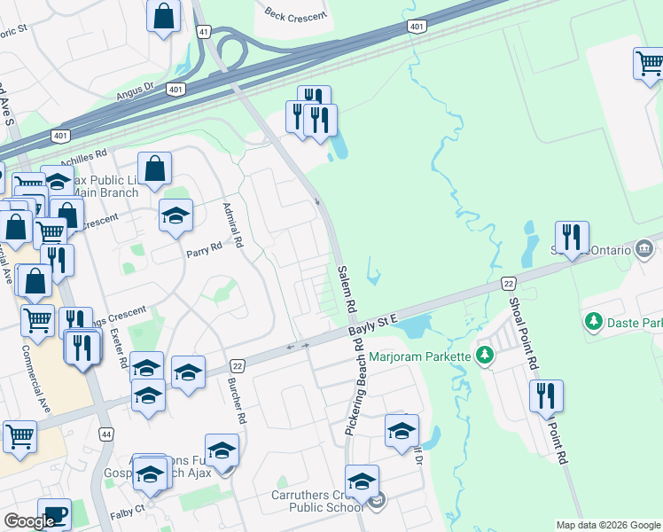 map of restaurants, bars, coffee shops, grocery stores, and more near in Ajax