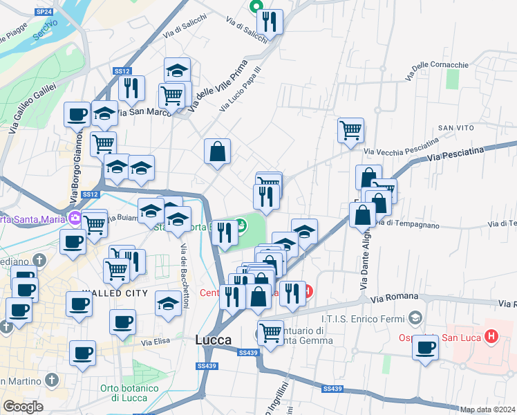 map of restaurants, bars, coffee shops, grocery stores, and more near Via Angelo Pelliccia in Lucca