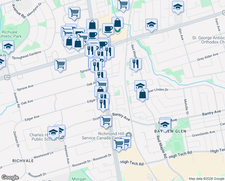 map of restaurants, bars, coffee shops, grocery stores, and more near 76 Ellesmere Street in Richmond Hill