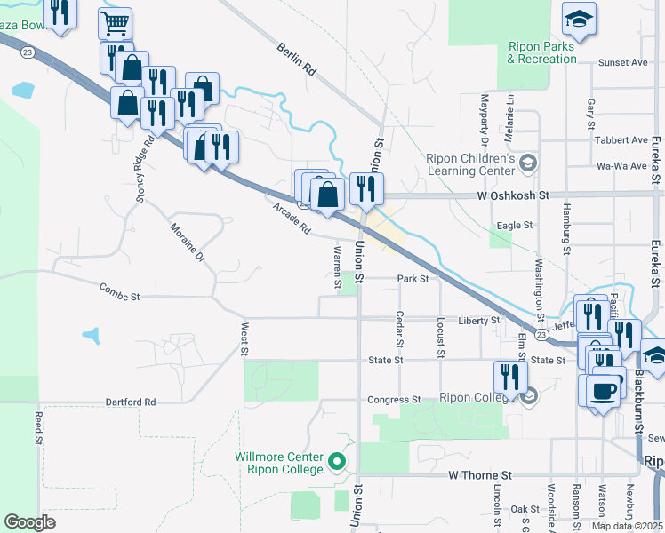 map of restaurants, bars, coffee shops, grocery stores, and more near 28 Warren Street in Ripon