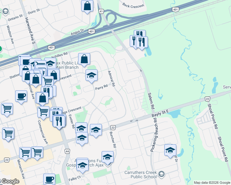 map of restaurants, bars, coffee shops, grocery stores, and more near 107 Admiral Road in Ajax
