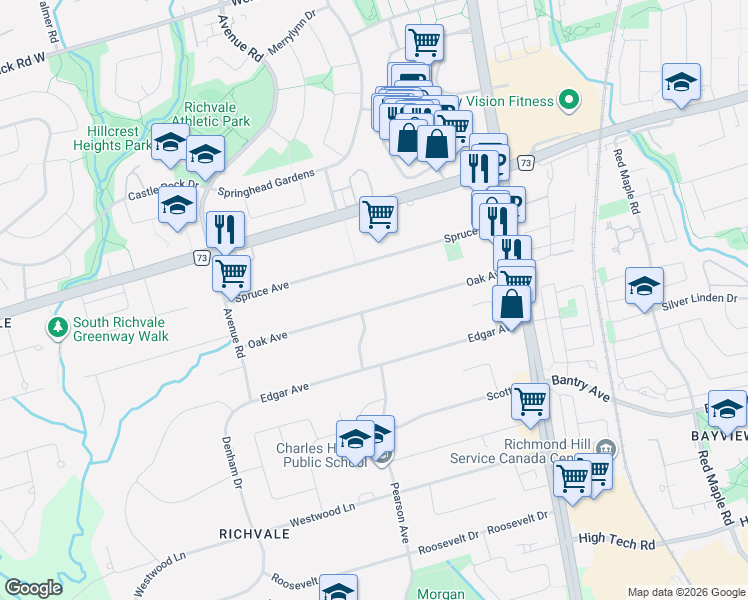 map of restaurants, bars, coffee shops, grocery stores, and more near 68 Oak Avenue in Richmond Hill