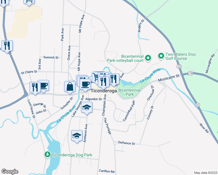 map of restaurants, bars, coffee shops, grocery stores, and more near 137 Montcalm Street in Ticonderoga