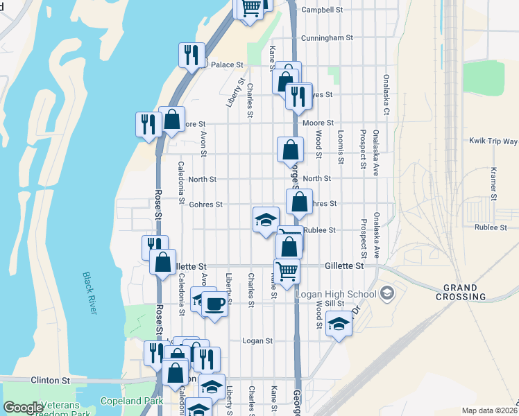 map of restaurants, bars, coffee shops, grocery stores, and more near 1806 Charles Street in La Crosse