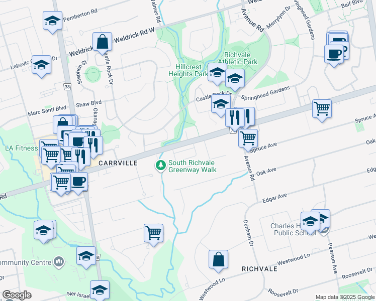 map of restaurants, bars, coffee shops, grocery stores, and more near 35 Nardini Lane in Richmond Hill