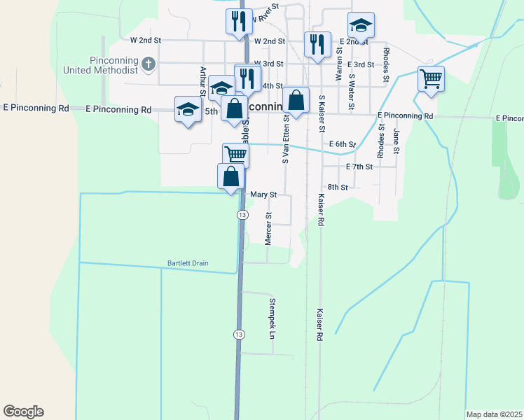 map of restaurants, bars, coffee shops, grocery stores, and more near 3858 North Huron Road in Pinconning