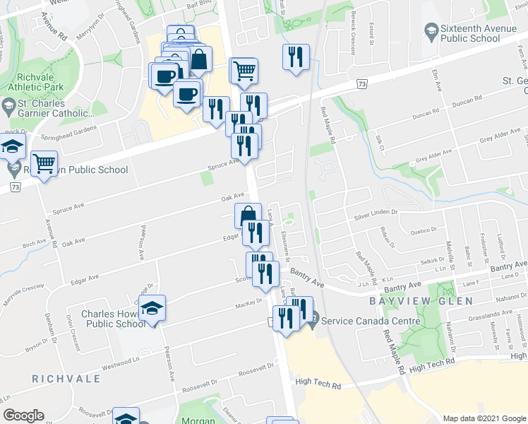 map of restaurants, bars, coffee shops, grocery stores, and more near 9085 Yonge Street in Richmond Hill