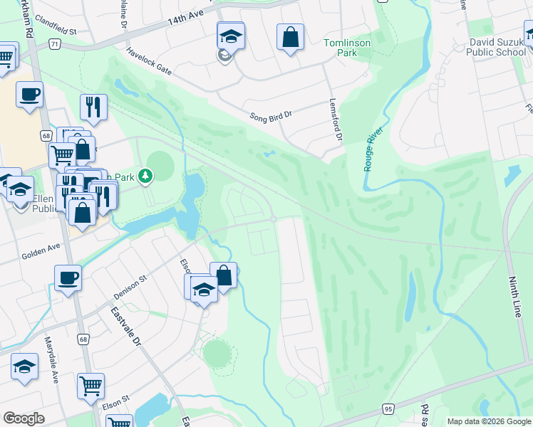 map of restaurants, bars, coffee shops, grocery stores, and more near 321 Kirkham Drive in Markham