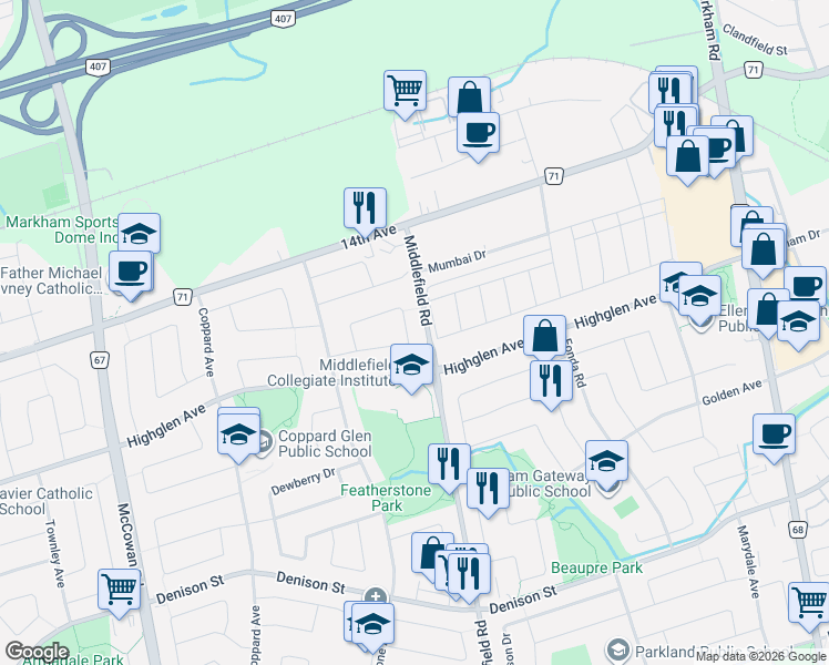 map of restaurants, bars, coffee shops, grocery stores, and more near 21 Summerlea Street in Markham