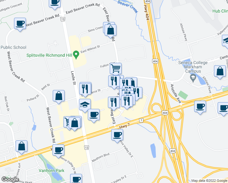 map of restaurants, bars, coffee shops, grocery stores, and more near 40 East Pearce Street in Richmond Hill