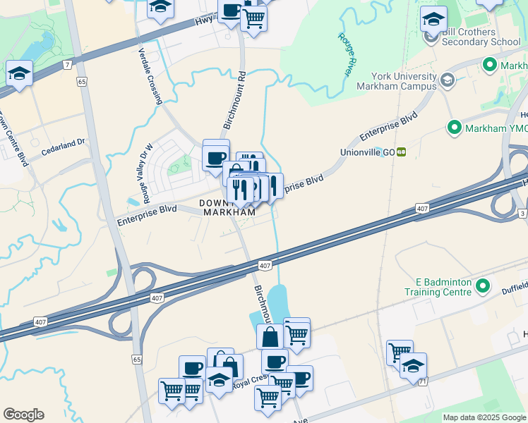 map of restaurants, bars, coffee shops, grocery stores, and more near 179 Enterprise Boulevard in Markham
