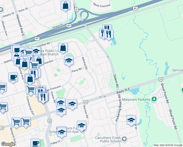 map of restaurants, bars, coffee shops, grocery stores, and more near 113 Admiral Road in Ajax