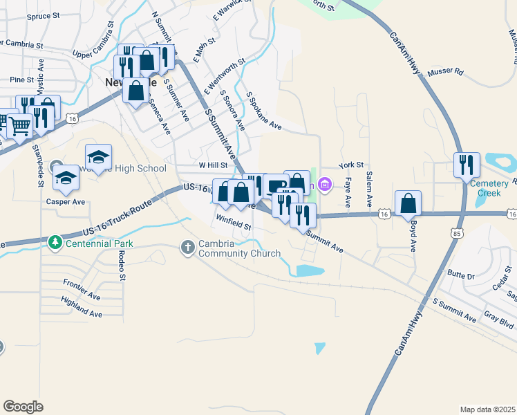 map of restaurants, bars, coffee shops, grocery stores, and more near U.S. 16 Truck Route in Newcastle