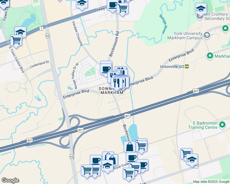 map of restaurants, bars, coffee shops, grocery stores, and more near 169 Enterprise Boulevard in Markham