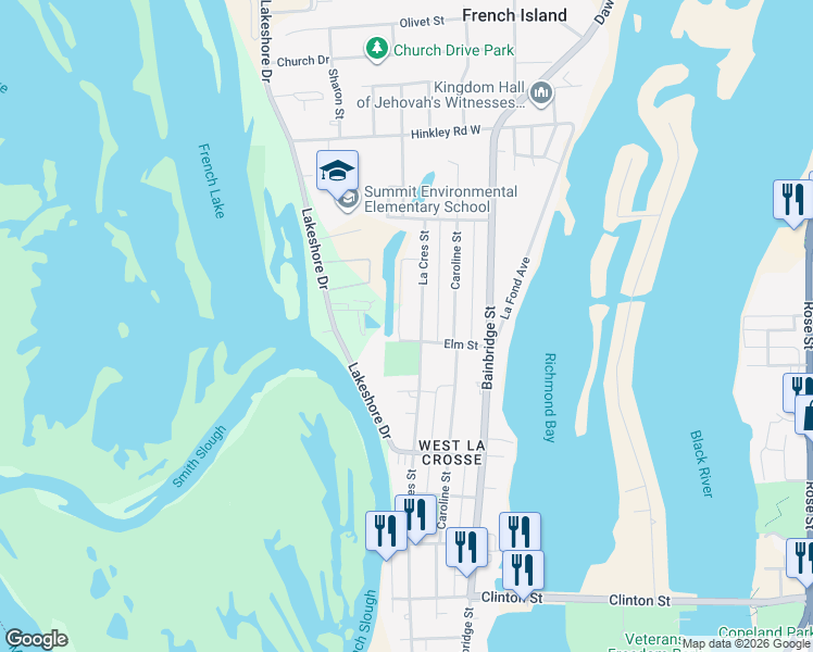 map of restaurants, bars, coffee shops, grocery stores, and more near 1711 La Crescent Street in La Crosse