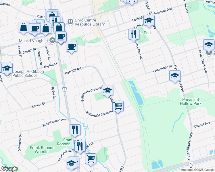 map of restaurants, bars, coffee shops, grocery stores, and more near 222 Barrhill Road in Vaughan