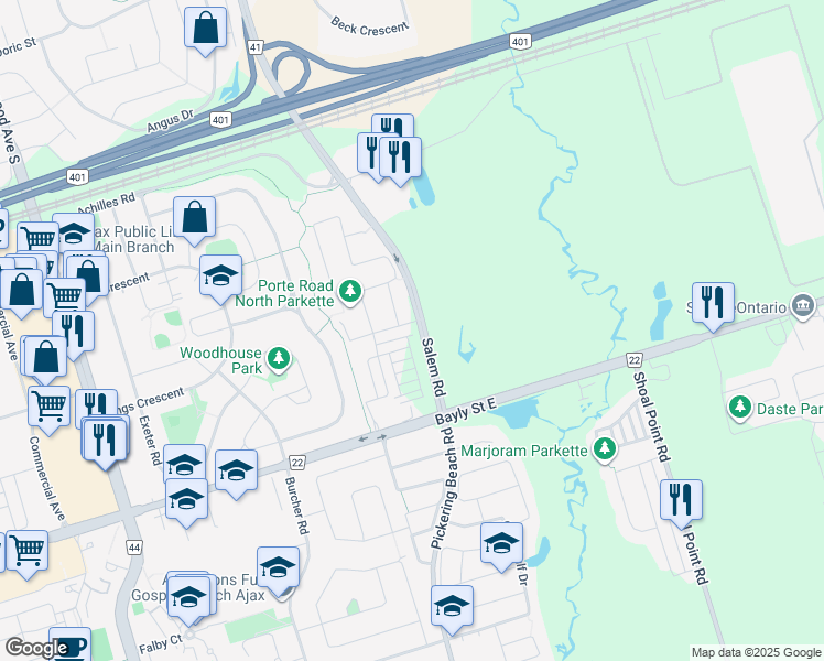 map of restaurants, bars, coffee shops, grocery stores, and more near 36 Lord Drive in Ajax