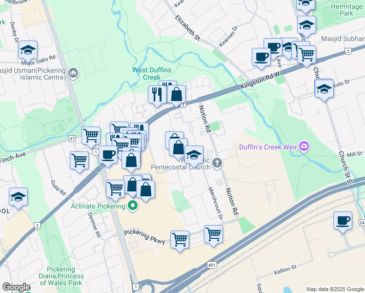 map of restaurants, bars, coffee shops, grocery stores, and more near 1967 Southview Drive in Pickering