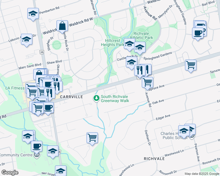 map of restaurants, bars, coffee shops, grocery stores, and more near 535 Carrville Road in Richmond Hill
