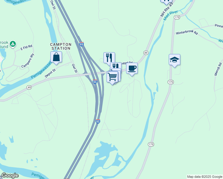 map of restaurants, bars, coffee shops, grocery stores, and more near 23 Vintinner Road in Campton