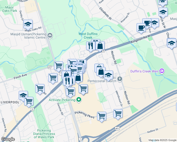 map of restaurants, bars, coffee shops, grocery stores, and more near in Pickering