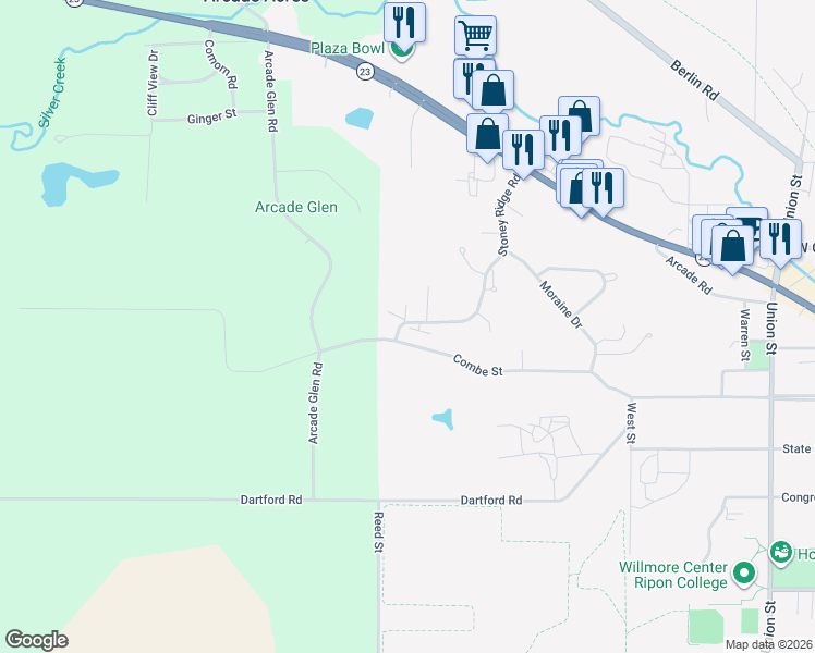 map of restaurants, bars, coffee shops, grocery stores, and more near 356 Stoney Ridge Road in Ripon