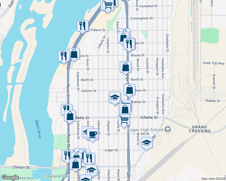 map of restaurants, bars, coffee shops, grocery stores, and more near 1806 Charles Street in La Crosse