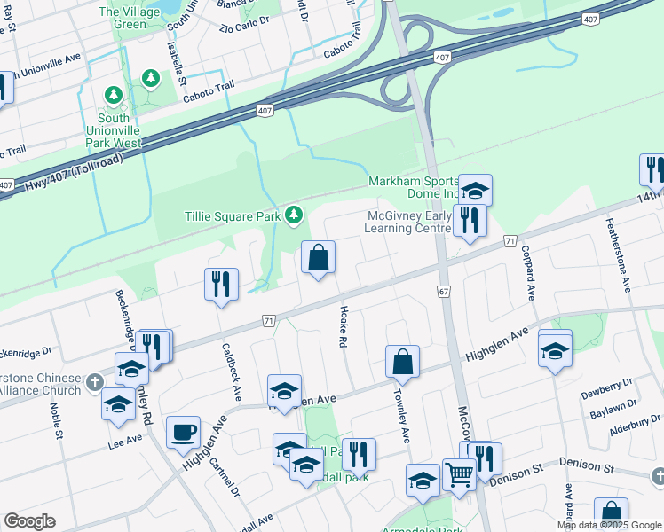 map of restaurants, bars, coffee shops, grocery stores, and more near 10 Redkey Drive in Markham