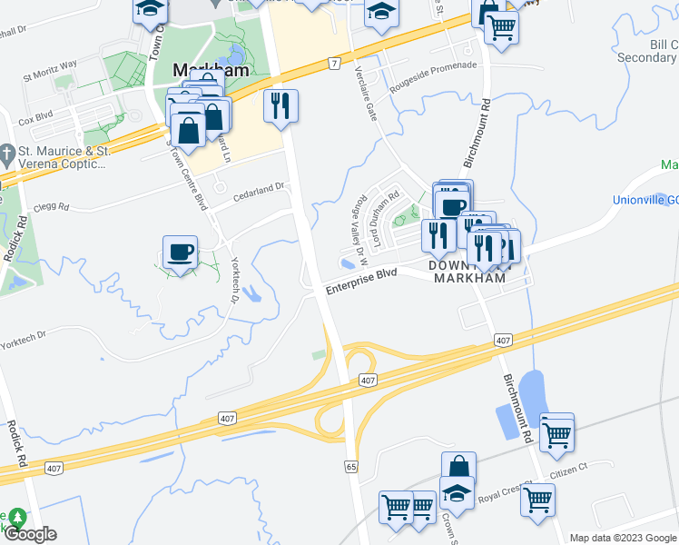 map of restaurants, bars, coffee shops, grocery stores, and more near 27 Rouge Valley Drive in Markham