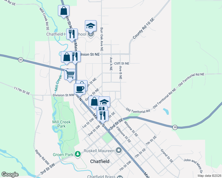map of restaurants, bars, coffee shops, grocery stores, and more near 510 Grove Street Northeast in Chatfield