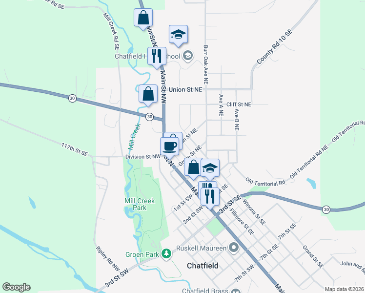 map of restaurants, bars, coffee shops, grocery stores, and more near 204 Fillmore Street Northeast in Chatfield