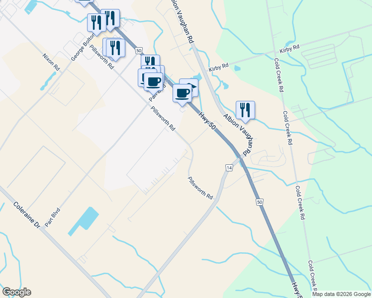 map of restaurants, bars, coffee shops, grocery stores, and more near 86 Pillsworth Road in Caledon
