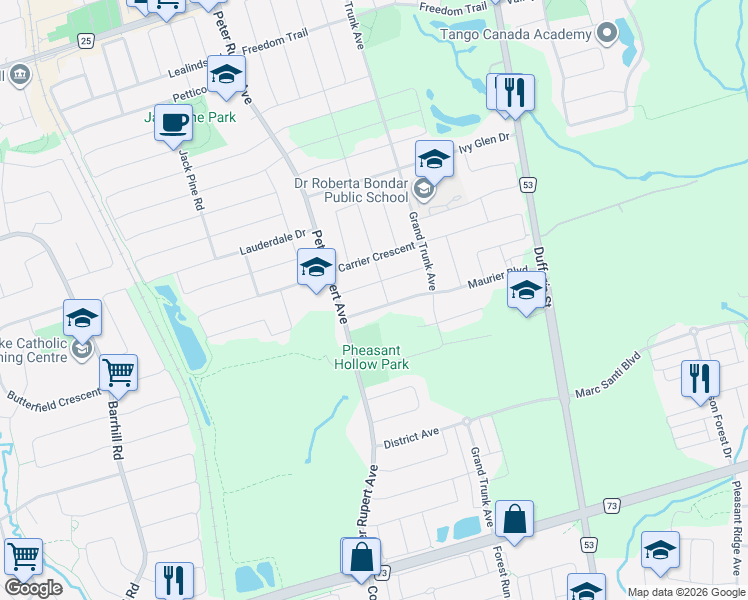 map of restaurants, bars, coffee shops, grocery stores, and more near 182 Maurier Boulevard in Vaughan