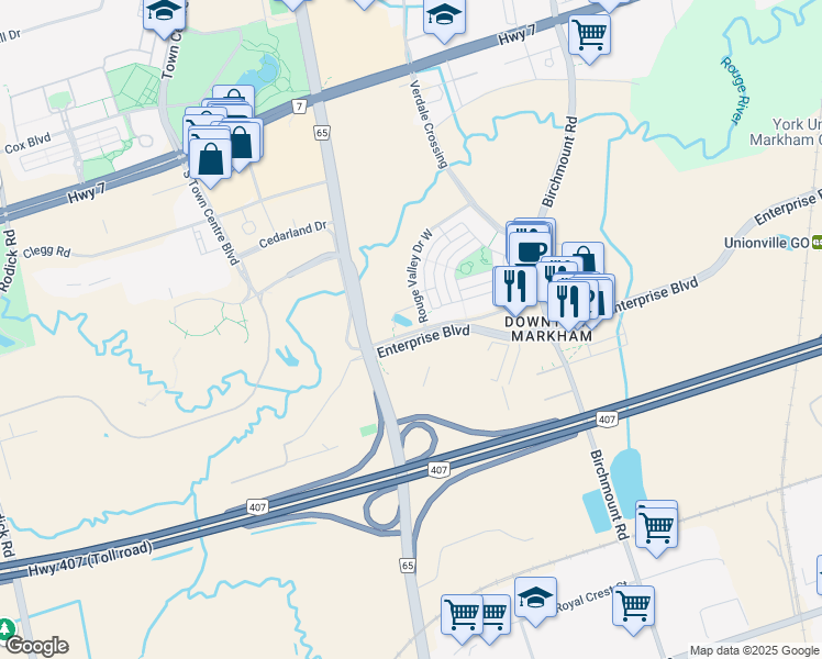 map of restaurants, bars, coffee shops, grocery stores, and more near 8 Rouge Valley Drive West in Markham