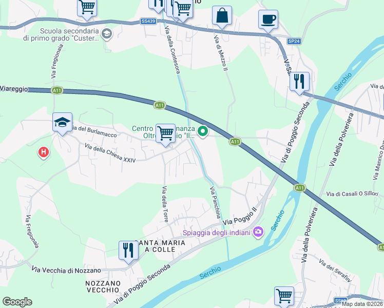 map of restaurants, bars, coffee shops, grocery stores, and more near 14 Traversa I Via Vecchia della Chiesa in Lucca